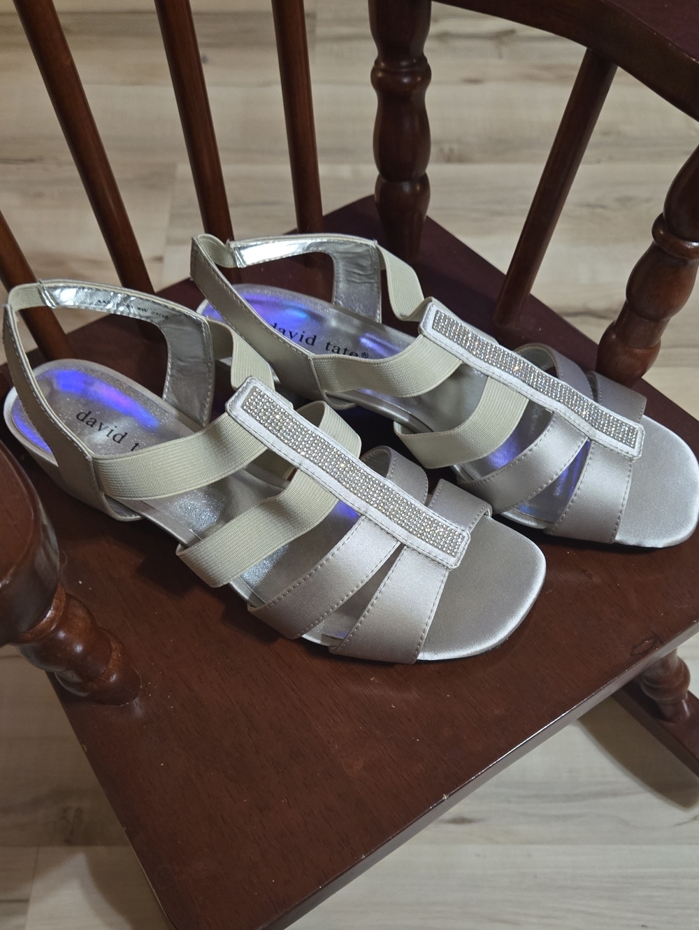 David Tate Silver Elastic-Strap Dress Sandals with Rhinestone Accent